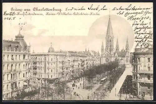 AK Berlin-Charlottenburg, Kurfürstendamm mit Kaiser-Wilhelm-Gedächtniskirche aus der Vogelschau, mit Strassenbahn