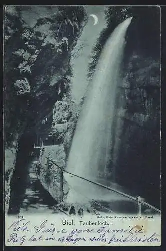 Mondschein-AK Biel, Taubenloch-Wasserfall