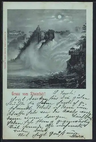 Mondschein-Lithographie Rheinfall, Wasserfall mit Aussichtspunkt