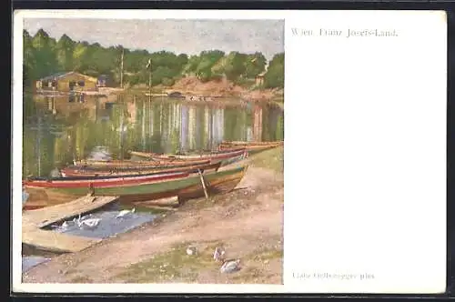 Künstler-AK Wien, Franz Josefs-Land, Ruderboote und Schwäne am Ufer
