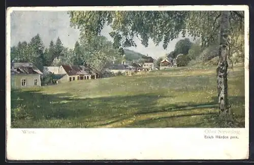 Künstler-AK Wien-Ober-Sievering, Blick über eine Frühlingswiese auf den Ort