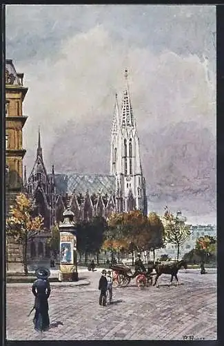 Künstler-AK R. Preuss: Wien, Votivkirche, Kutsche, Leute
