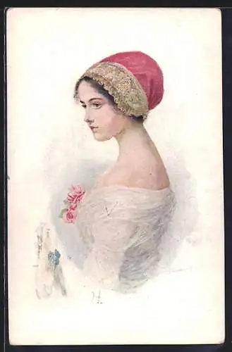 Künstler-AK Brüder Kohn (B.K.W.I) Nr.691-4: Brünettes Mädchen mit rosaroter Haube