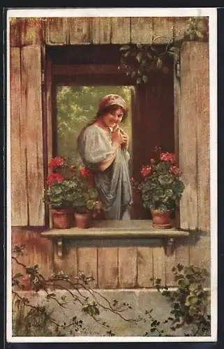 Künstler-AK Brüder Kohn (B.K.W.I) Nr. 1712: junge Dame steht am Fenster