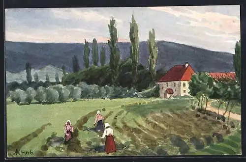 Künstler-AK Schwanberg /Steigerwald, Am Steigerwald, Landarbeiterinnen und Schwanberg