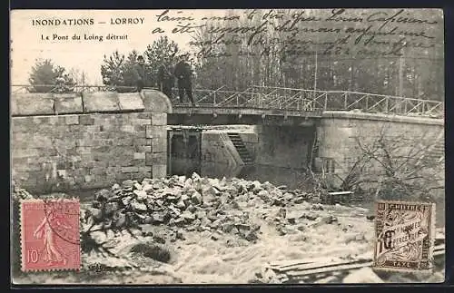 AK Lorroy, Inondations, Le Pont du Loing détruit, Hochwasser