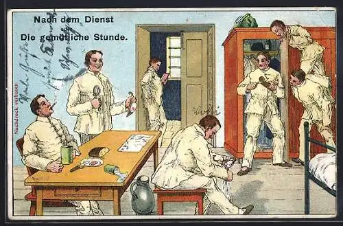 Künstler-AK Soldaten entspannen auf der Stube