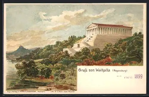Künstler-AK Regensburg, Walhalla mit Umgebung