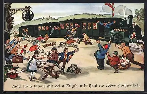 Künstler-AK Hans Boettcher: Schwäbische Eisenbahn fährt im Bahnhof ein