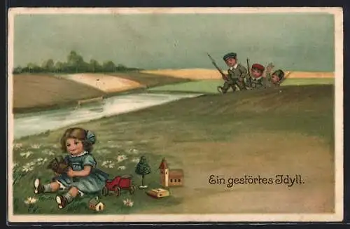 Künstler-AK Teddy, Jungen spielen Soldaten und stören ein kleines Mädchen