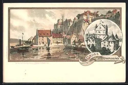 Künstler-AK K. Mutter: Meersburg, Teilansicht des Ortes und der Burg