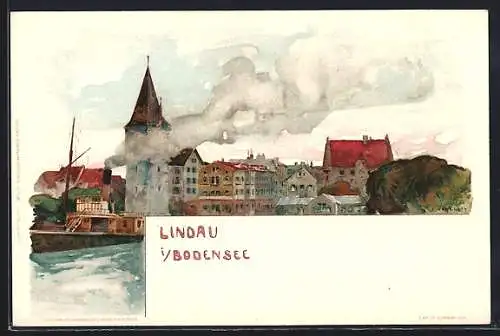 Künstler-Lithographie Fritz Voellmy: Lindau im Bodensee, Teilansicht