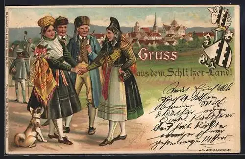 Lithographie Gruss aus dem Schlitzer Land, Hessen in hessischer Tracht mit Hund