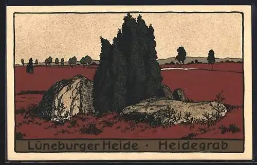 Steindruck-AK ein Heidegrab in der Lüneburger Heide