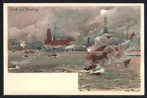 Künstler-AK Heinrich Kley: Hamburg, kleine und grosse Schiffe auf der Elbe mit dem Michel