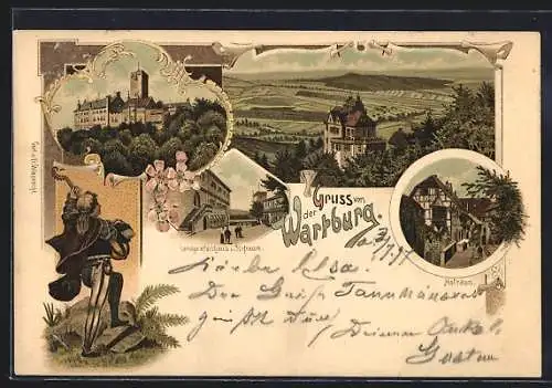 Lithographie Eisenach, Wartburg, Hofraum, Landgrafenhaus und Hofraum