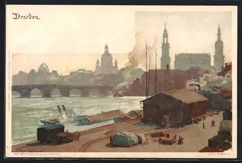 Künstler-Lithographie Heinrich Kley: Dresden, Blick nach der Altstadt