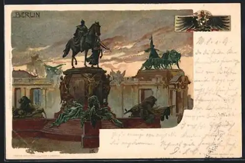 Künstler-AK Heinrich Kley: AK Berlin-Tiergarten, Denkmal und Brandenburger Tor