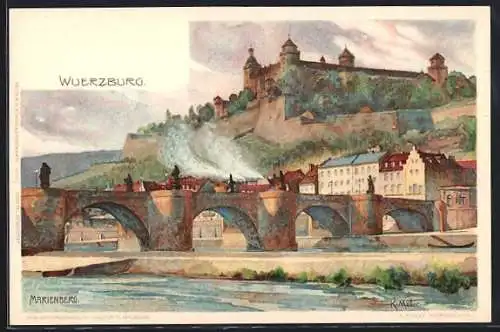 Künstler-Lithographie K. Mutter: Würzburg, Marienberg, Ortsansicht