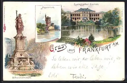 Lithographie Frankfurt-Ostend, Zoologischer Garten, Ruine mit Weiher und Schützenbrunnen