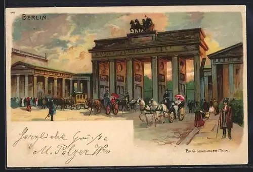 Lithographie Berlin, Kutschen am Brandenburger Tor