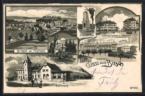 Lithographie Bitsch, Kaserne Freiherr v. Falkenstein, Bahnhof, Eisenbahn, Festung, Preussen-Stein