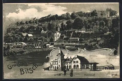 Lithographie Bitz, Teilansicht, Bahnhof