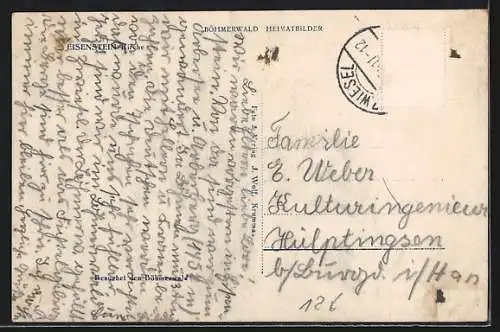 AK Eisenstein /Böhmerwald, Strassenpartie mit Kirche