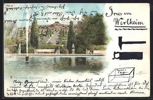 Lithographie Potsdam, Blick zum Schloss Sanssouci