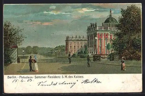 Lithographie Potsdam, Berlin, Sommer-Residenz S.M. des Kaisers, Frauen m.Regenschirmen, Polizist