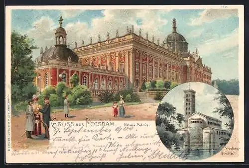 Lithographie Potsdam, Neues Palais, Friedens-Kirche