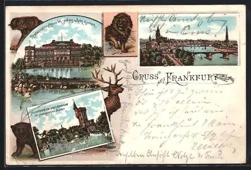 Lithographie Frankfurt a. M., Restaurationshaus, Ausssichtsturm und Aquarium im Zoo, Teilansicht mit Mainbrücke