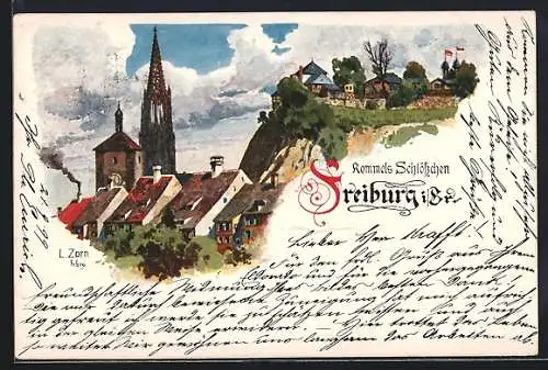Künstler-AK Ludwig Zorn: Freiburg i. Br., Teilansicht mit Rommels Schlösschen