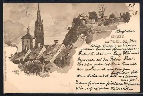 Künstler-AK Ludwig Zorn: Freiburg / Breisgau, Ortspartie mit Kirche