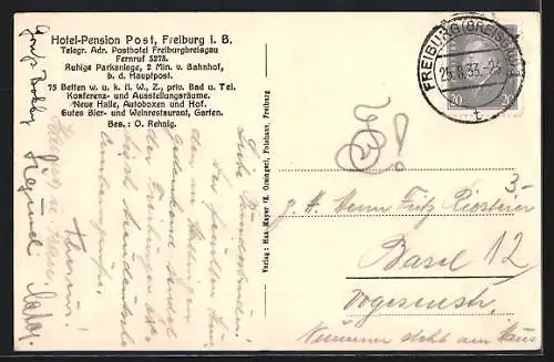 AK Freiburg i. B., Hotel-Pension Post, Innenansicht