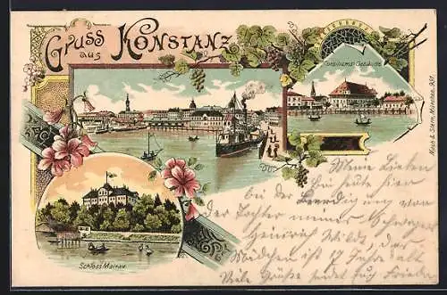 Lithographie Konstanz, Hafenblick, Consiliums-Gebäude & Schloss Mainau