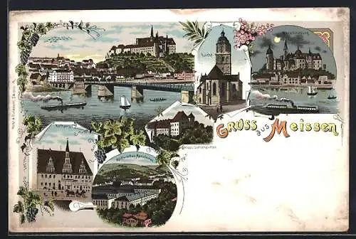 Lithographie Meissen, Ortsansicht, Kirche, Albrechtsburg, Rathaus