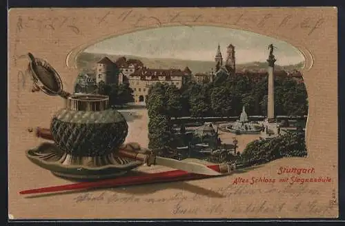 Passepartout-Lithographie Stuttgart, Altes Schloss mit Siegessäule