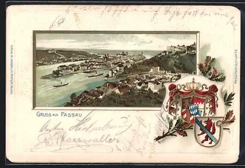 Passepartout-Lithographie Passau, Zusammenfluss von Inn und Donau, Wappen