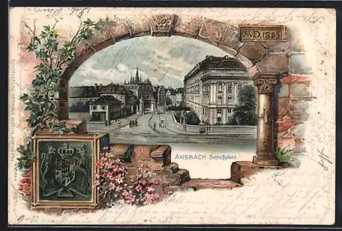 Passepartout-Lithographie Ansbach, Partie am Schlossplatz, 1865, Wappen