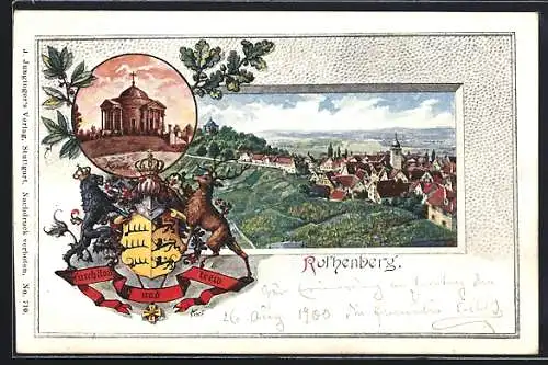 Passepartout-Lithographie Rothenberg / Untertürkheim, Kapelle, Teilansicht mit Wappen