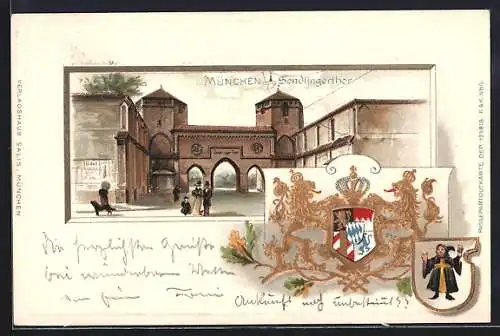 Passepartout-Lithographie München, Wappen von Bayern und München und Sendlingertor