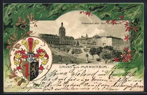 Passepartout-Lithographie Mannheim, Paradeplatz mit Kaufhaus, Wappen