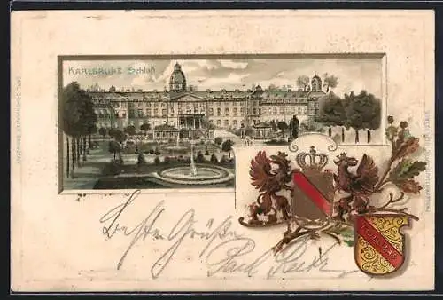 Passepartout-Lithographie Karlsruhe, Schloss, Wappen, Um 1900