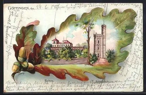 Passepartout-Lithographie Göttingen, Gasthaus Rohns, Bismarckturm, Eichenblatt