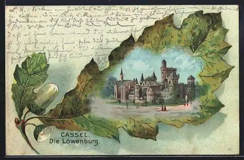 Lithographie Kassel, Eichenblatt, Eichel, Löwenburg um 1900