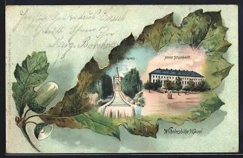 Passepartout-Lithographie Kassel, Wilhelmshöhe, Hotel Schombardt, vor dem Herkules