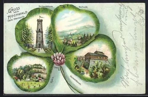 Passepartout-Lithographie Oybin /Sächs. Oberlausitz, Hochwaldbaude, Hochwaldturm und Ortspartie im Kleeblatt