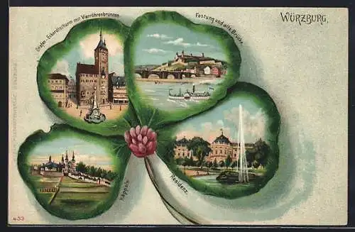 Künstler-Passepartout-Lithographie E. Schlemo: Würzburg, Käppele, Grafen-Eckhardtsthurm, Festung, Residenz, Kleeblatt