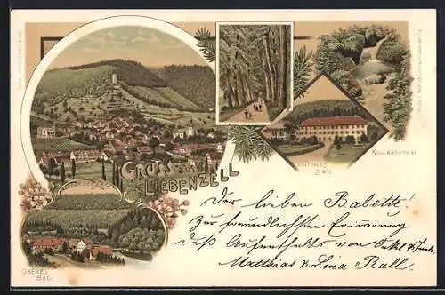 Lithographie Liebenzell, Gesamtansicht, Unteres Bad und Kollbachthal